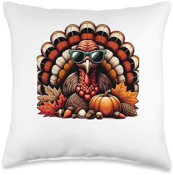 Funny Thanksgiving Cartoon Turkey Wears Sunglasses Men Women Throw Pillow by Unknown