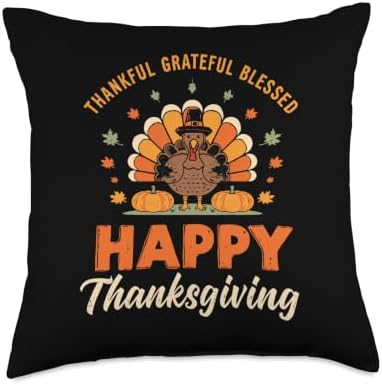 Thankful Grateful Blessed Turkey Cute Thanksgiving Women Men Throw Pillow by Unknown