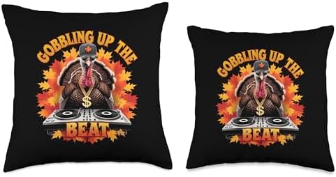 Thanksgiving Turkey Rapper Pilgrim Gobbling Up The Beat Throw Pillow - Image 3
