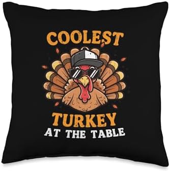 Coolest Turkey At Table Thanksgiving Fall Men Boys Kid Youth Throw Pillow by Unknown