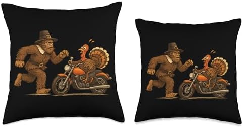 Pilgrim Sasquatch Chasing Turkey Biker Thanksgiving Humor Throw Pillow - Image 3