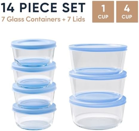14-Piece Glass Food Storage Containers Set (7 Containers + 7 BPA-Free Lids) | 1-Cup & 4-Cup, Leakproof | Microwave, Freezer, Oven & Dishwasher Safe | Ideal for Meal Prep & Pantry Organization, Blue