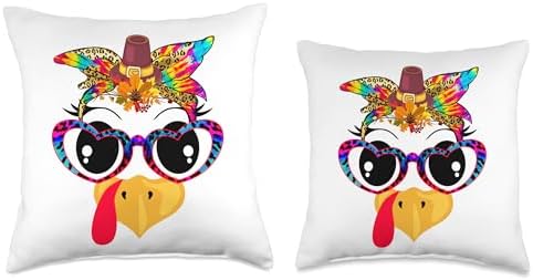 Family Happy Hallothanksmas Thanksgiving Christmas Thanksgiving Turkey Face Leopard Floral Glasses Tie Dye Throw Pillow, 16x16, Multicolor - Image 3
