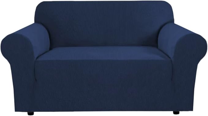 H.VERSAILTEX Stretch Couches Covers Slip Covers for Sofas/Couches 2 Cushions Sofa Cover for Loveseat 1 Piece with Elastic Bottom, Textured Checked Jacquard Fabric(Loveseat 58"-70" Wide, Navy)