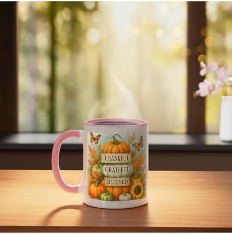 Thankful Grateful Blessed - Fall Pumpkin Family Thanksgiving Ceramic Mug, Pink/White, 11oz - Image 3