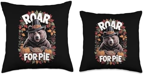 Funny Thanksgiving Brown Bear Grizzly Pilgrim Roar For Pie Throw Pillow - Image 3