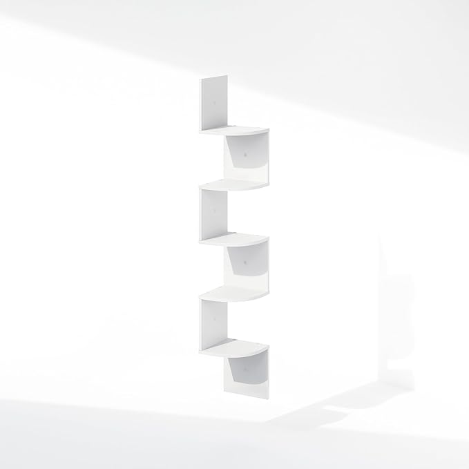 Furinno Rossi 5-Tier Floating Corner Shelf for Wall, Corner Zigzag Shelf Wall Mounted, Radial Wall Mount Shelves, for Home Office, Living Room, Bedroom, Bathroom, White