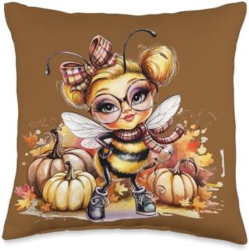 Fall Pumpkin Cute Bee Fall Autumn Thanksgiving Throw Pillow by Unknown