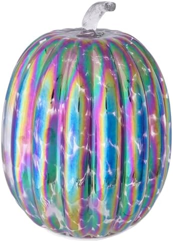 Boston International Handblown Glass Pumpkin with LED Light Thanksgiving Halloween Decorations for Home, Large, Iridescent by BostonInternational