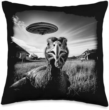 Turkey Selfie UFO Funny Black & White Thanksgiving Vintage Throw Pillow by Unknown