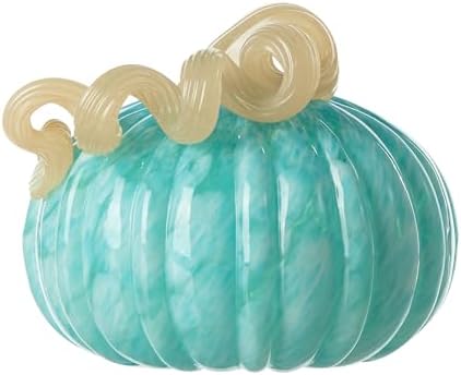 Glitzhome Fall Glass Pumpkin Decor Hand Blown Glass Pumpkin Table Top Home Decor for Fall Harvest & Thanksgiving Decorating, 5" H, Turquoise