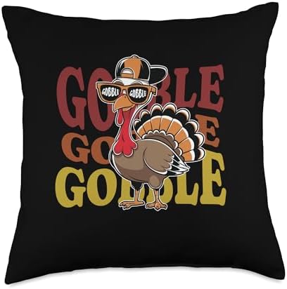 Retro Gobble Gobble Thanksgiving Turkey Wobble Autumn Fall Throw Pillow by Unknown