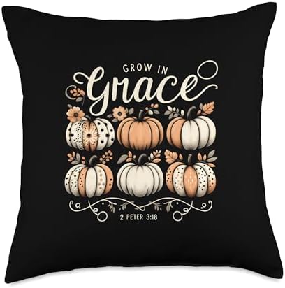 Grow in Grace Pumpkins Fall Thanksgiving Christian Religious Throw Pillow by Unknown