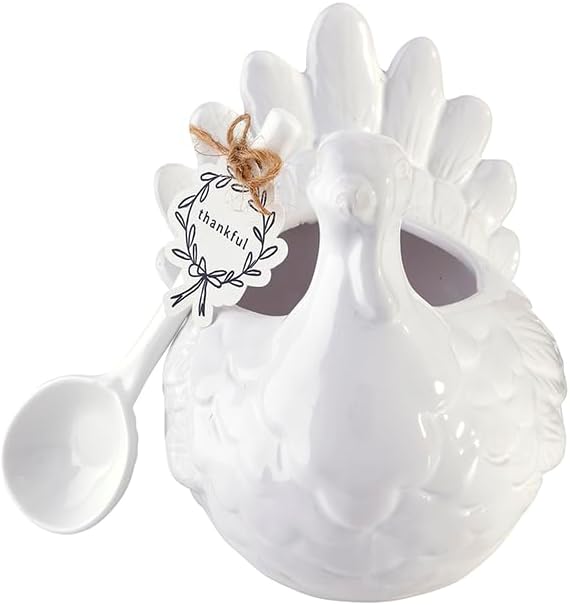 Santa Barbara Design Studio Turkey Gravy Boat with Spoon - Glazed Ceramic Thanksgiving Serving Dish, 7.5" L x 5.25" W x 6.25" H, White - Image 4
