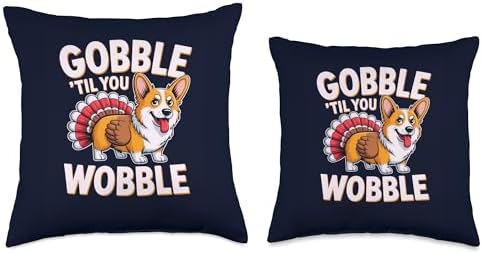 Funny Gobble Til You Wobble Corgi Turkey Thanksgiving Humor Throw Pillow - Image 3