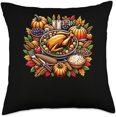 Thanksgiving Feast Illustration Harvest Scene Throw Pillow by Unknown