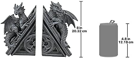 Design Toscano Castle Dragon Gothic Decor Decorative Bookend Statues, 8 Inch, Set of Two, Polyresin, Grey Stone