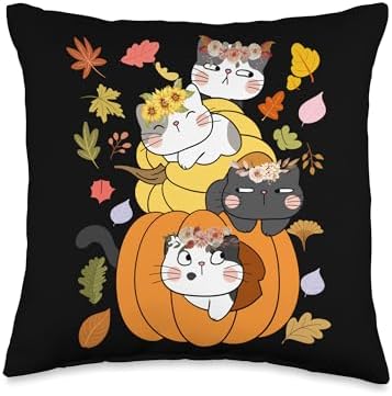 "Cute Cats with Pumpkins" Fall Thanksgiving Funny Throw Pillow by Unknown