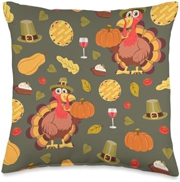 Fall Pattern Thanksgiving Cozy Autumn Turkey Pumpkin Cute Throw Pillow by Unknown