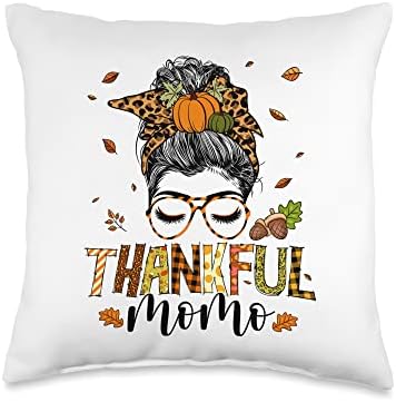 Thankful Momo Leopard Messy Bun One Thankful Momo Messy Bun Leopard Thanksgiving Family Throw Pillow, 16x16, Multicolor by Unknown