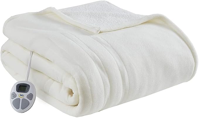 Serta Heated Blanket Twin - Reversible Fleece Heating Blanket, Creme White | Dual-Layer Heated Throw Blanket With 5 Heat Settings & Auto Shut Off, Machine Washable, ETL Certified