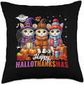 Halloween Thanksgiving Christmas Happy HalloThanksMas Cats Throw Pillow by Unknown