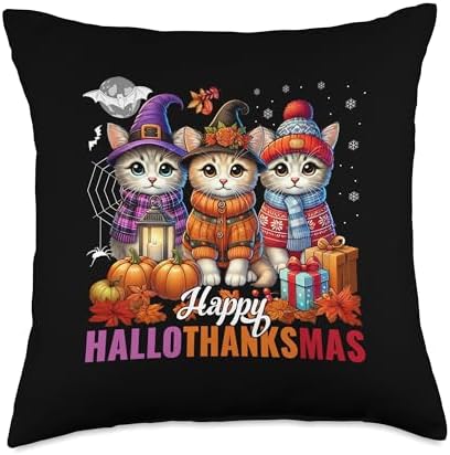 Halloween Thanksgiving Christmas Happy HalloThanksMas Cats Throw Pillow by Unknown