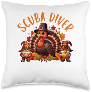 Scuba Diver Job Thanksgiving Turkey With Gnomes Fall Leaves Throw Pillow by Unknown