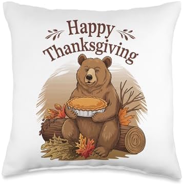 Happy Thanksgiving Bear Throw Pillow by Unknown