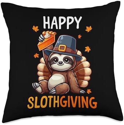 Happy Slothgiving Thanksgiving Sloth Holding Pumpkin Pie Throw Pillow by Unknown