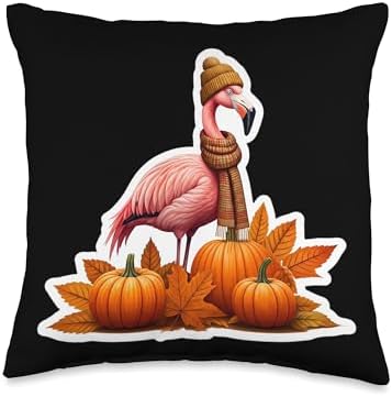 Autumn Fall Flamingo Bird Lover Thanksgiving Pumpkin Leaves Throw Pillow by Unknown