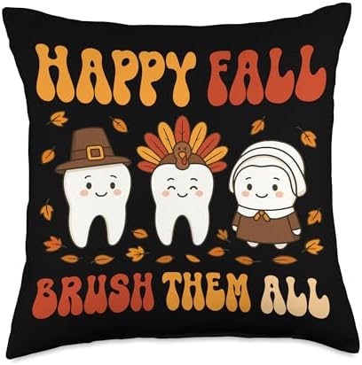 Happy Fall Brush Them All Funny Dentist Thanksgiving Humor Throw Pillow by Unknown