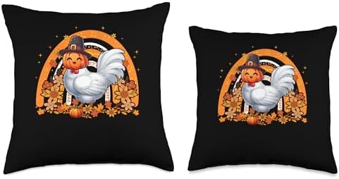 Chicken Fall Pumpkin Cute Head Thanksgiving Flowers Rainbow Throw Pillow - Image 3