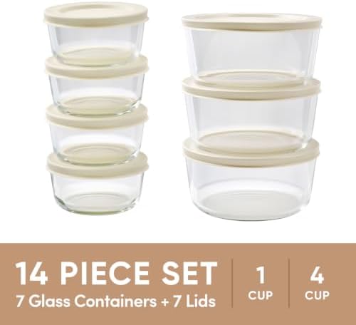 14-Piece Glass Food Storage Containers Set (7 Containers + 7 BPA-Free Lids) | 1-Cup & 4-Cup, Leakproof | Microwave, Freezer, Oven & Dishwasher Safe | Ideal for Meal Prep & Pantry Organization, Beige