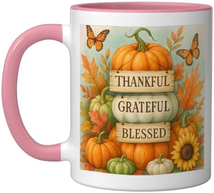 Thankful Grateful Blessed - Fall Pumpkin Family Thanksgiving Ceramic Mug, Pink/White, 11oz by Unknown