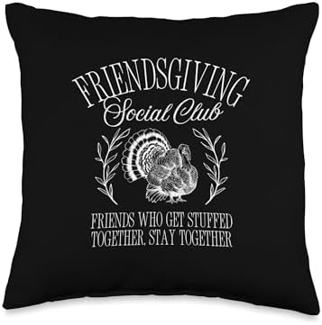 Cute Stuffed Friendsgiving Social Club Thanksgiving Turkey Throw Pillow by Unknown