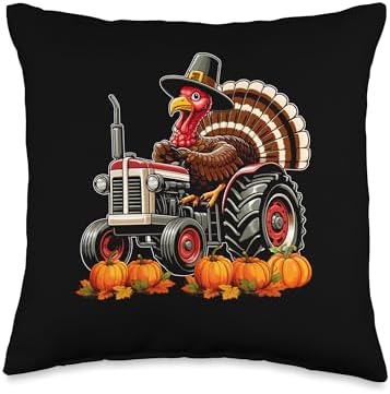 Turkey Driving Tractor Thanksgiving Driver Fall Pumpkins Throw Pillow by Unknown