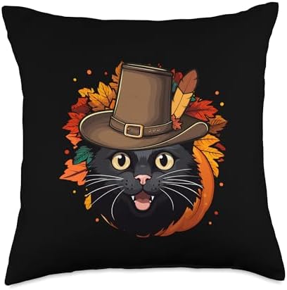 Funny Thanksgiving Black Cat Throw Pillow by Unknown