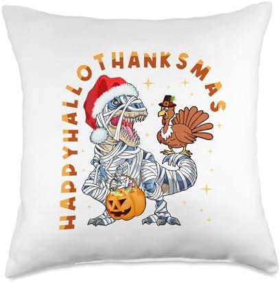 Happy Hallothanksmas T-rex Tees Happy Hallothanksmas Funny Halloween Thanksgiving Christmas Throw Pillow, 18x18, Multicolor by Unknown