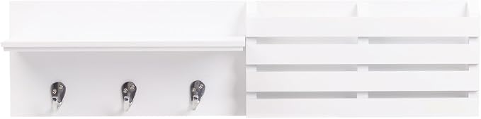 Kiera Grace Sydney Floating Shelf, Modern Wall Mounted Shelf with 3 Metal Hooks and Mail Holder for Home, Office, 24", White, 1Pack