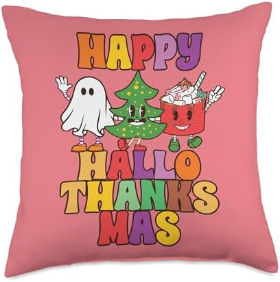 Happy Hallothanksmas Halloween Thanksgiving Christmas Groovy Throw Pillow by Unknown