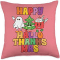 Happy Hallothanksmas Halloween Thanksgiving Christmas Groovy Throw Pillow by Unknown