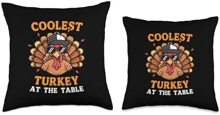 Coolest Turkey At Table Thanksgiving Fall Men Boys Kid Youth Throw Pillow - Image 3