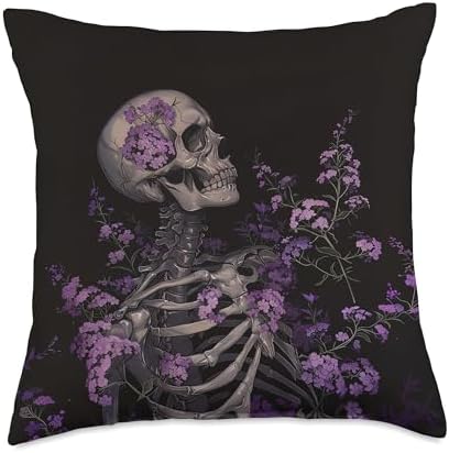 Gothic Skeleton Purple Flower Goth Grunge Halloween Skull Throw Pillow