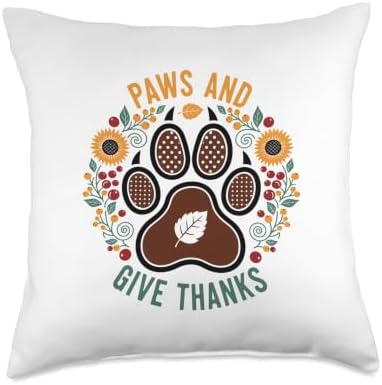 Paws and Give Thanks Dog Paw Floral Thanksgiving Day Throw Pillow by Unknown