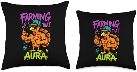 Farming That Aura Thanksgiving Turkey Teens Kids Rizz Vibes Throw Pillow - Image 3