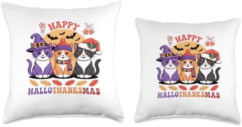 Halloween Thanksgiving Christmas Happy HalloThanksMas Cats Throw Pillow - Image 3