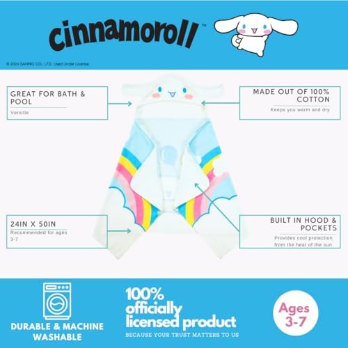 Sanrio Cinnamoroll Kids Super Soft Bath/Pool/Beach Soft Cotton Terry Hooded Towel Wrap, 24 in x 50 in, (Officially Licensed Product) By Franco