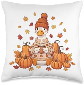 Cute Fall Duck Coffee Pumpkin Cozy Thanksgiving Design Throw Pillow by Unknown