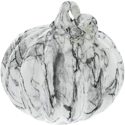 Boston International Handblown Glass Pumpkin with LED Light Thanksgiving Halloween Decorations for Home, Small, Black & White Marble by BostonInternational